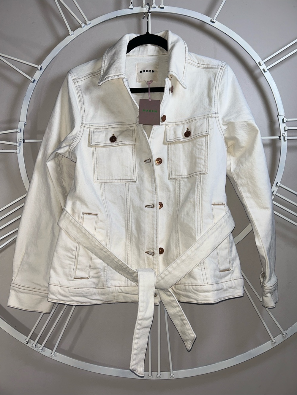 NWT Boden White Ivory Cotton Belted Jean Jacket